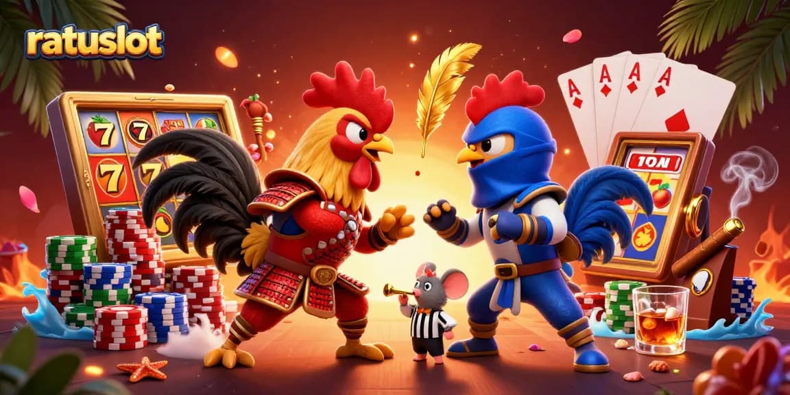Experience thrilling gameplay with ratuslot showcasing dynamic roosters, slot symbols, and vibrant casino elements.