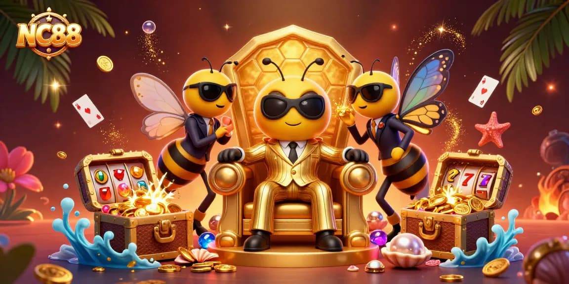 Experience thrilling wins with NC88 in a vibrant casino world featuring a cartoon bumblebee mob boss.