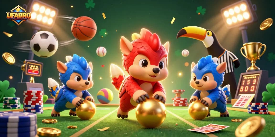 UFABRO offers dynamic betting action with animated pangolins and vibrant sports elements.