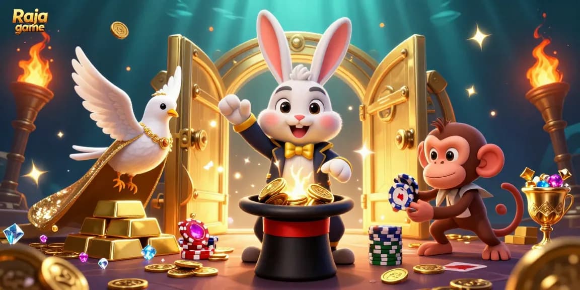 Engage in the thrilling world of Raja game as a magician rabbit unveils treasures from a glowing vault in this vibrant illustration.