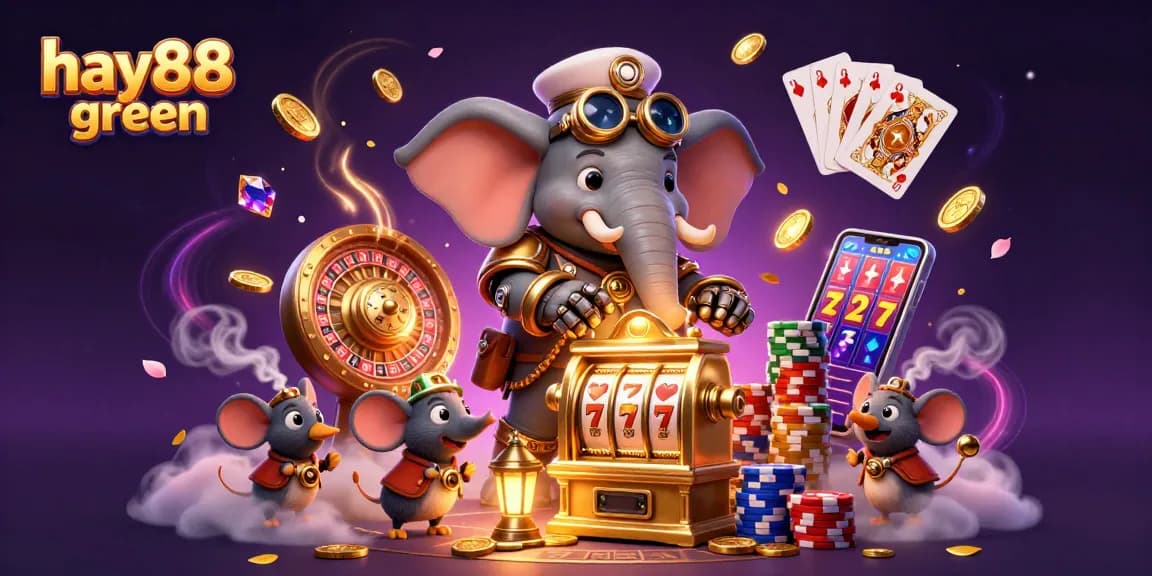 Experience the excitement of hay88 green casino with a dynamic 3D illustration showcasing steampunk characters and rich casino elements.