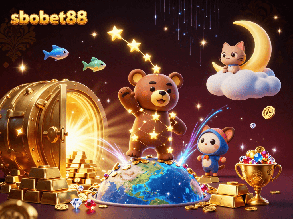 Engage in winning strategies at sbobet88 with a vivid illustration of a celestial bear collecting coins.