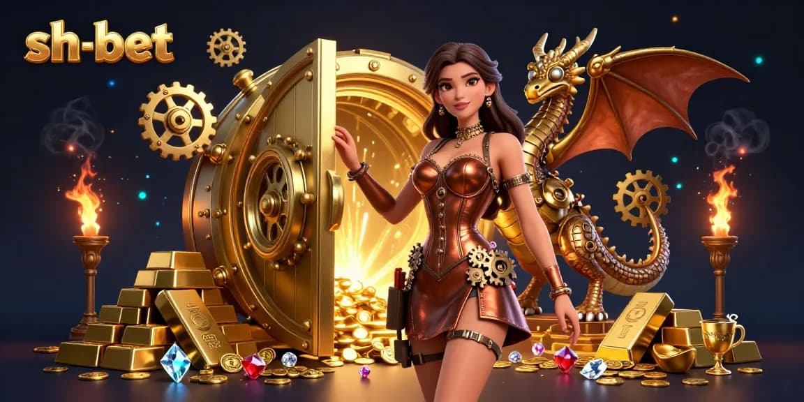 Play thrilling games at sh-bet with golden treasures and a captivating dragon in a lively casino atmosphere.