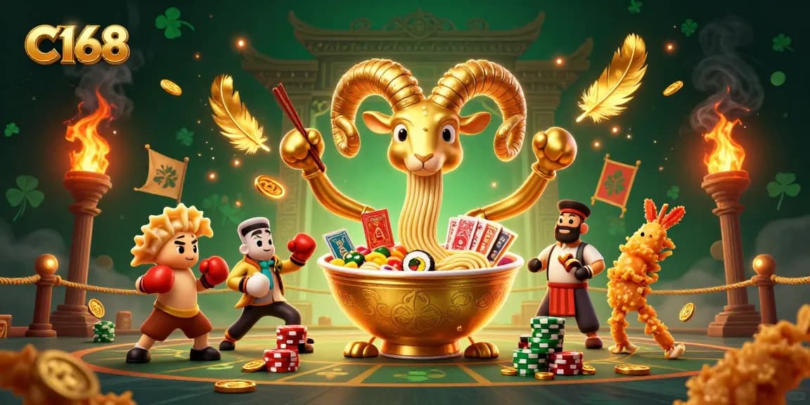 C168 showcases a vibrant 3D scene featuring a ramen bowl dealer stacking chips alongside a sushi roll and cheerleaders, surrounded by explosive energy.
