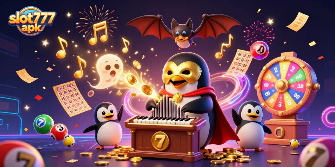 Engage with slot777 apk in a vibrant casino scene filled with dynamic slot reels and colorful lottery balls.