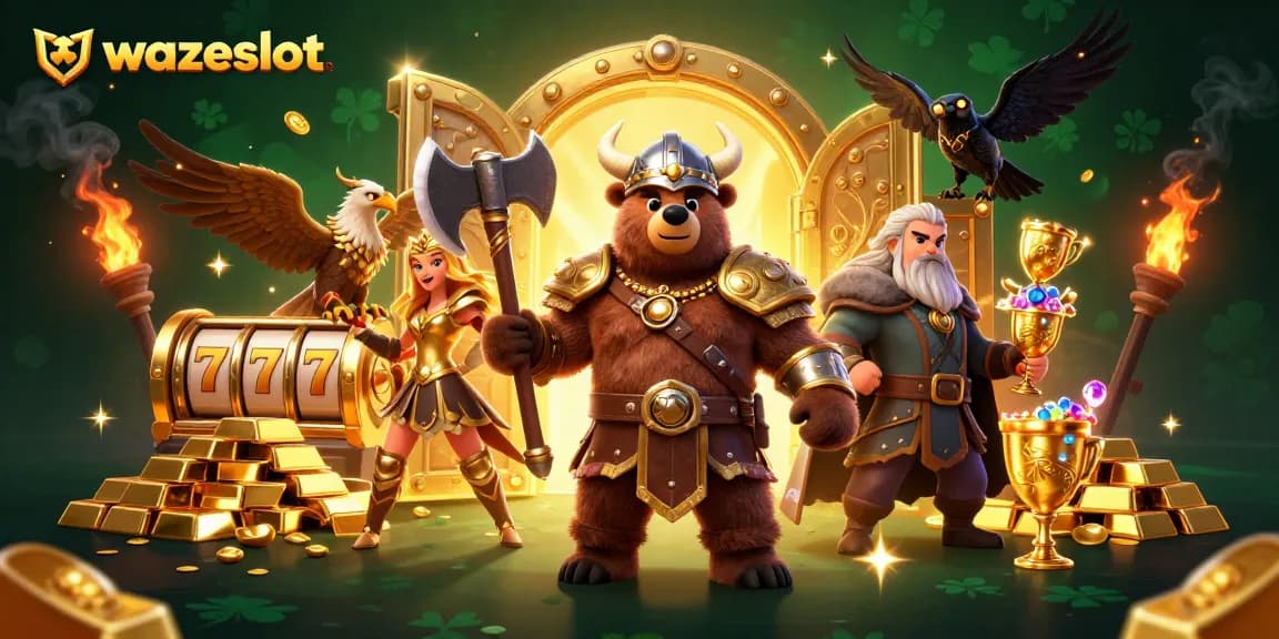 Win big with WAZESLOT, vibrant 3D gambling scene filled with gold, jewels, and dynamic slot elements.