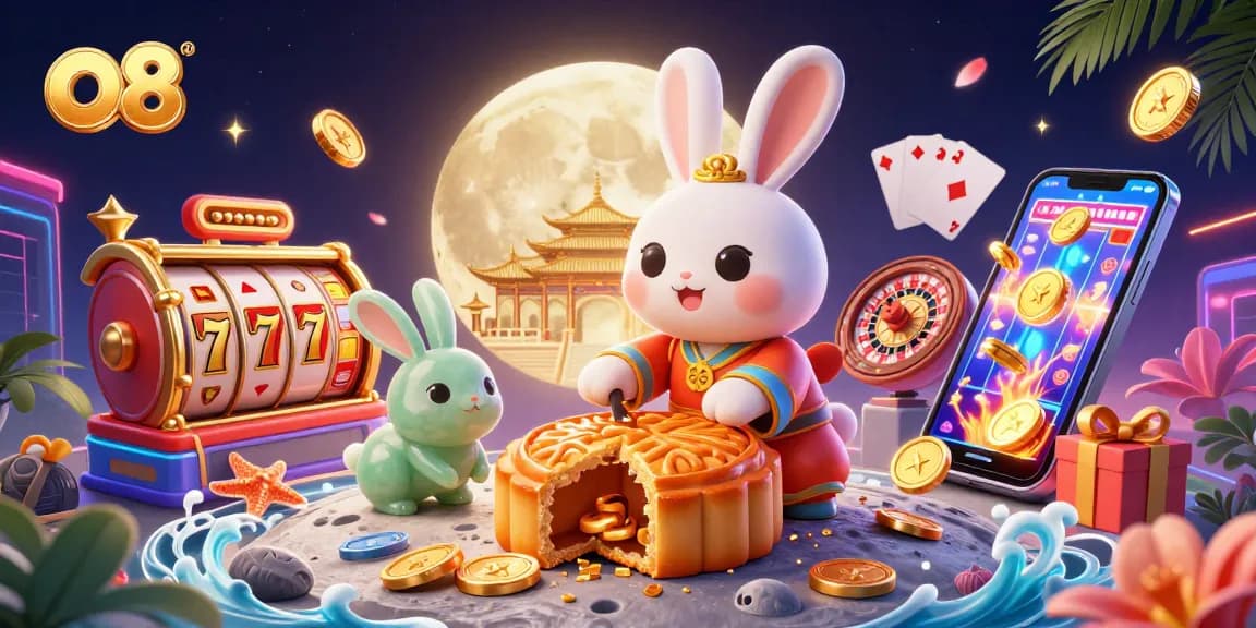 Engage with the exciting world of o8 casino, featuring a whimsical moon rabbit revealing poker chips while surrounded by vibrant gambling elements.