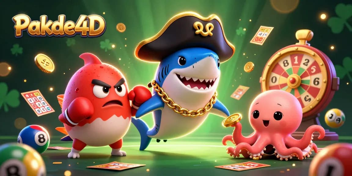 Players enjoy Pakde4D's lottery games with a colorful 3D illustration of characters and vibrant casino elements.