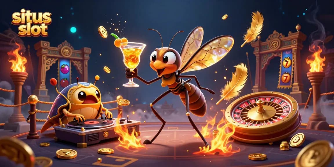 Engage in exciting situs slot action with a dynamic casino scene featuring a lively mascot and thrilling game elements.