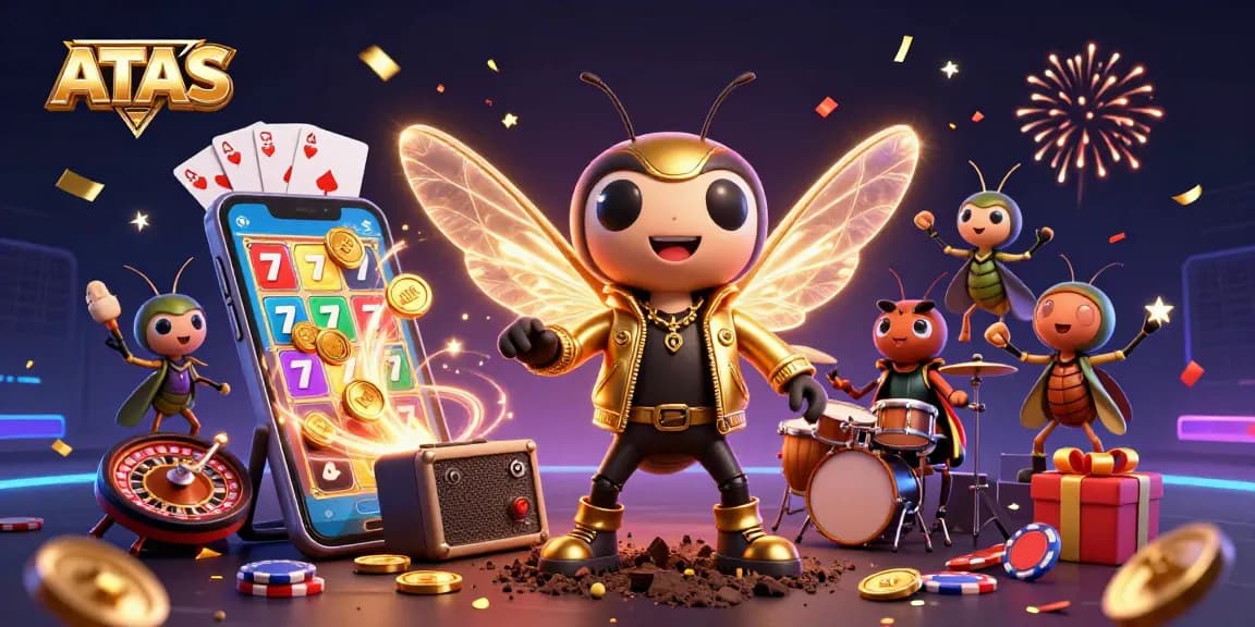 Play ATAS casino games featuring vibrant characters and casino elements in a colorful 3D illustration.