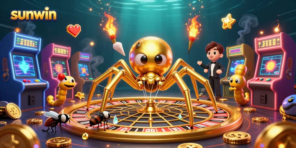 Engage in thrilling bets at sunwin's vibrant 3D casino scene with a golden spider and dynamic game elements.