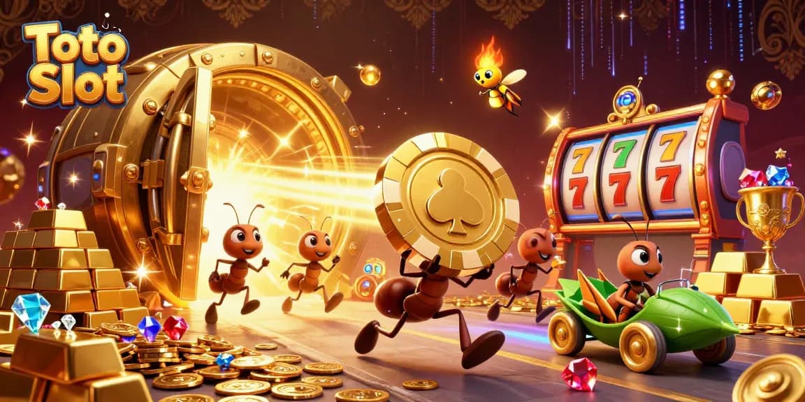 Toto Slot scene where ants run a heist with a massive poker chip, surrounded by treasures and vibrant slot game elements.