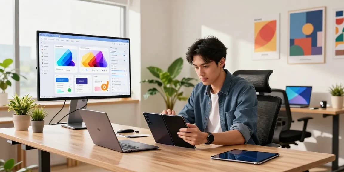 Using the Samsung Galaxy Z TriFold in a modern tech workspace with collaborative tools.