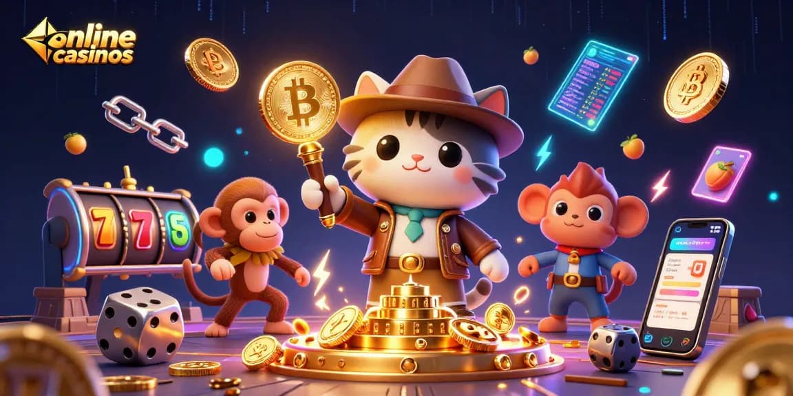 Explore online casinos with a 3D cartoon archaeologist cat and dynamic casino elements.