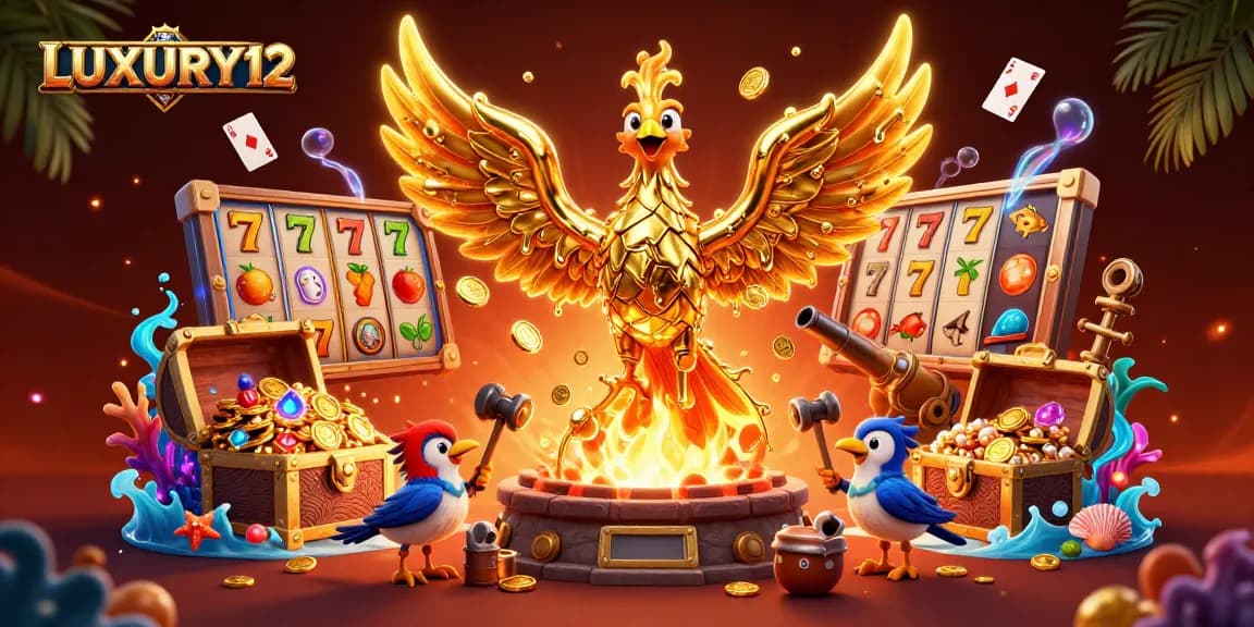 LUXURY12 players enjoy dynamic slot action with a golden phoenix surrounded by jackpot elements and treasure.
