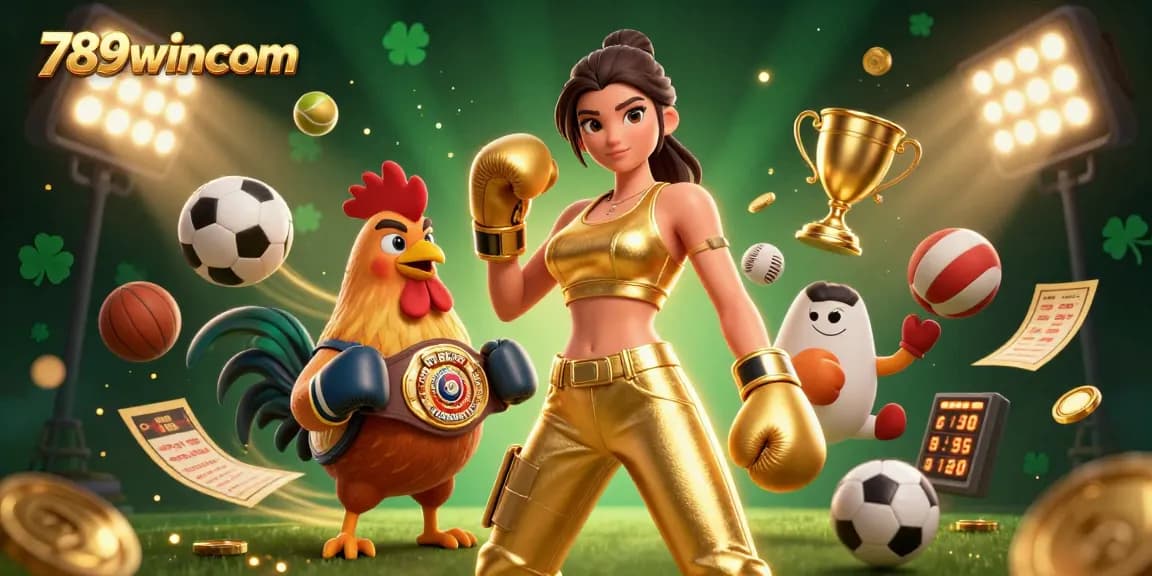 Place your bets with 789wincom in this dynamic 3D casino scene featuring vibrant characters and sports elements.