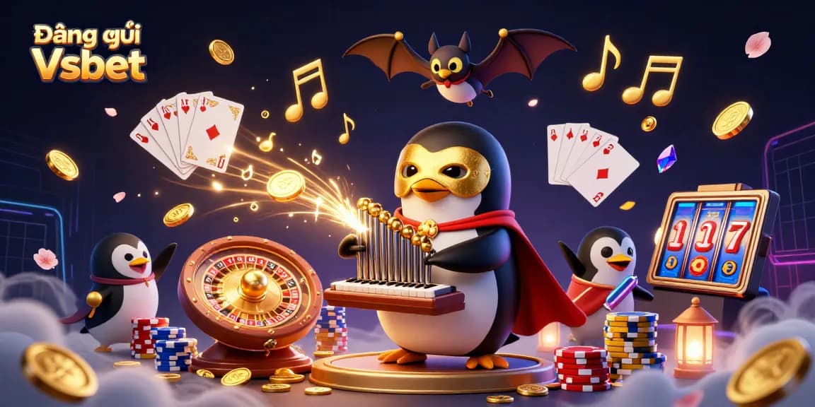 Join the excitement of Đăng ký Vsbet with vibrant casino elements and engaging characters in a dynamic 3D illustration.