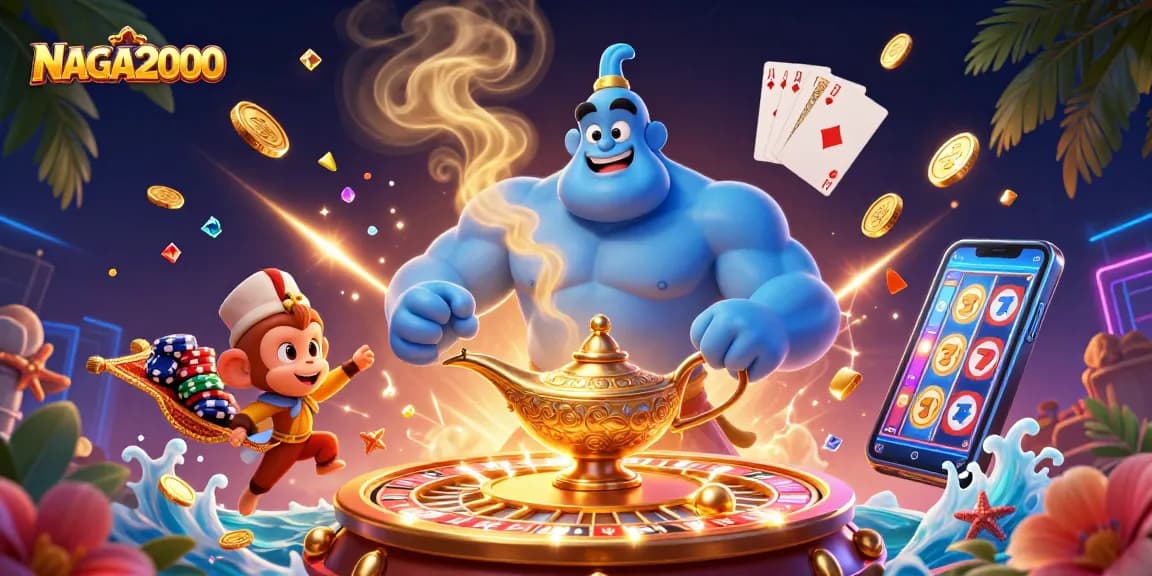 NAGA2000 menampilkan adegan 3D yang cerah dengan jin biru, chip poker, dan permata berkilau untuk aksi slot yang mendebarkan.