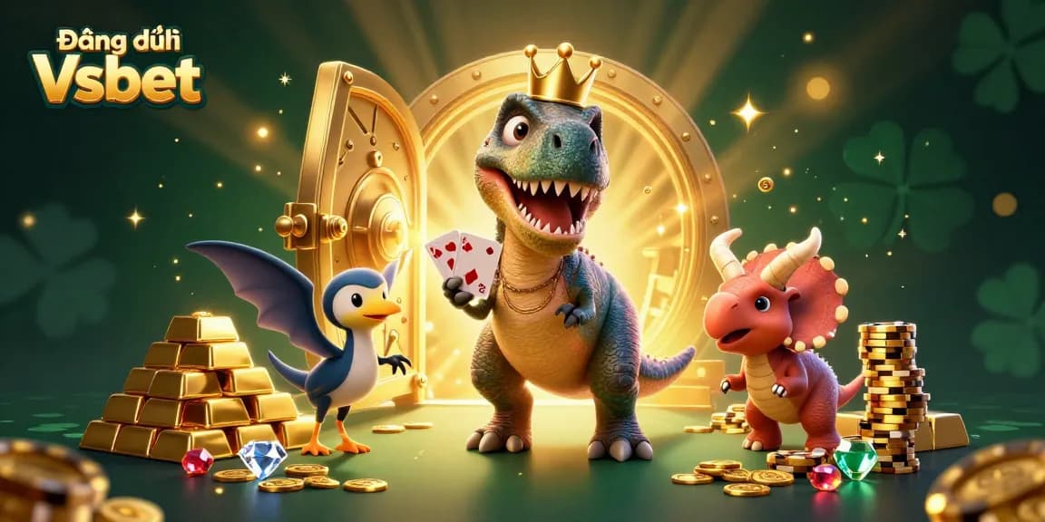 Engage in Đăng ký Vsbet with vibrant casino characters shuffling cards and stacking chips.