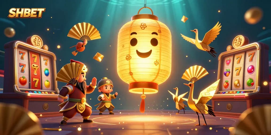 Join the excitement at SHBET casino with vibrant golden symbols, floating lantern spirits, and dynamic gaming elements.