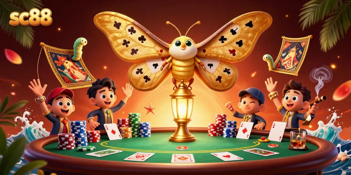 Experience winning thrills at SC88 with vibrant casino elements, golden moths, and rich gaming scenes.