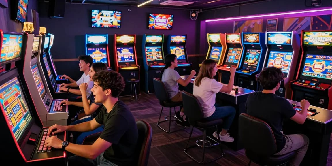 Pengunjung menikmati permainan slot di VEGAS123, suasana arcade yang ceria dan menarik