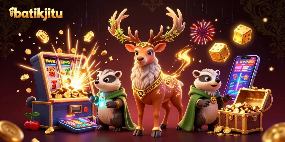 Bermain di batikjitu untuk menang dengan jackpot, simbol BAR dan lucky 7 berserakan di latar belakang yang menarik.