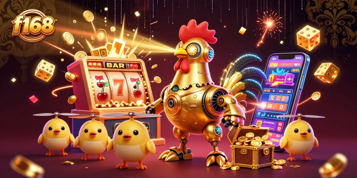 Engage with f168's vibrant gameplay featuring a golden rooster robot amidst a jackpot explosion.