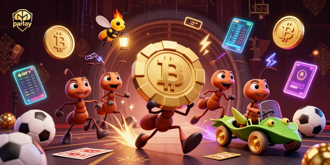 Experience the thrill of sports betting with a parlay bet as illustrated by playful ants and dynamic elements.