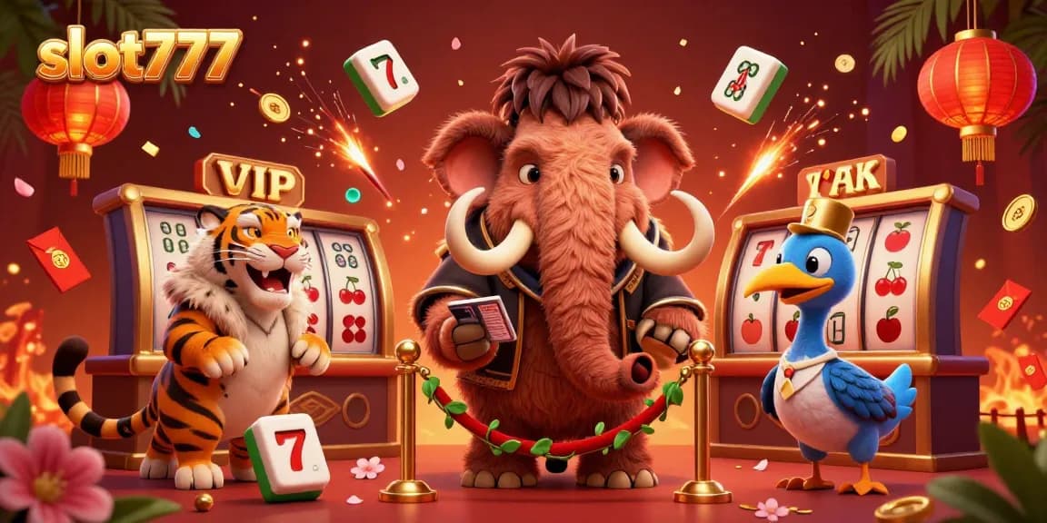 Engage with slot777 in a vibrant casino world featuring a bouncer mammoth, VIP saber-tooth, and whimsical dodo doorman.