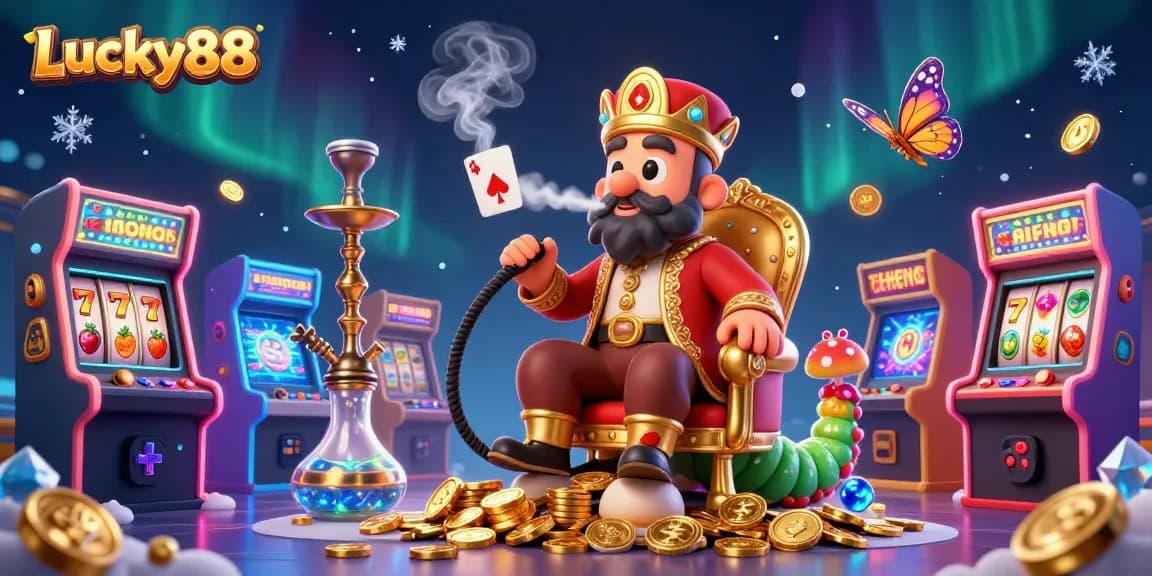 Play Lucky88 in an enchanting casino scene featuring a whimsical caterpillar and vibrant games.