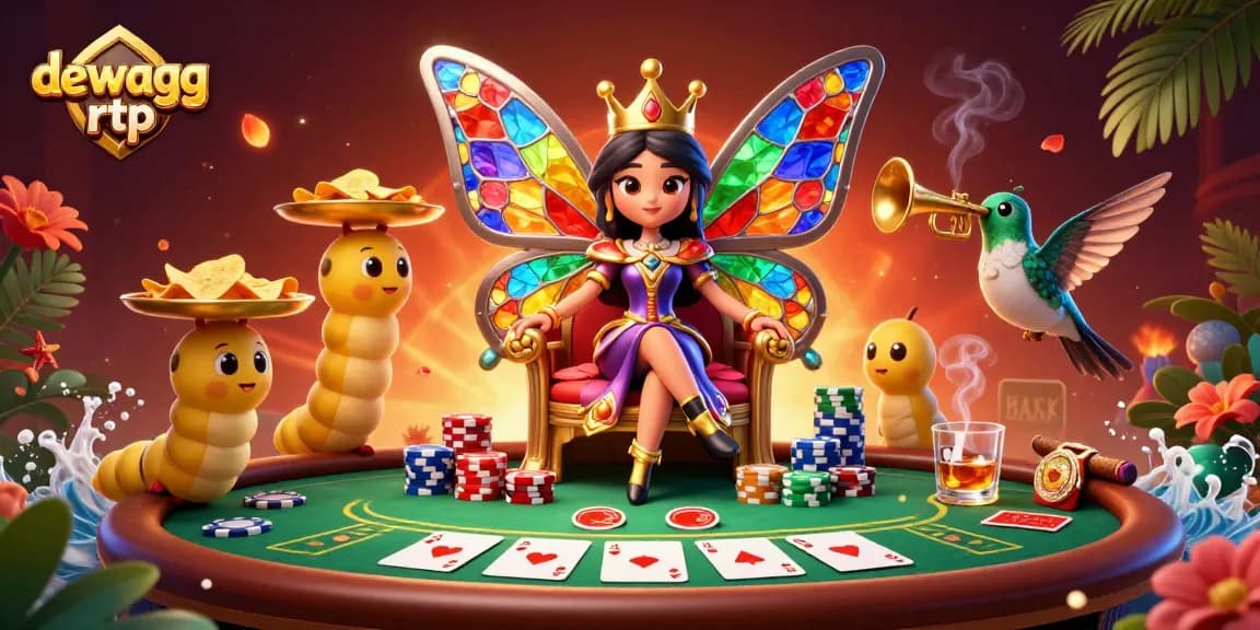 Win big with dewagg rtp in an enchanting casino scene featuring a butterfly queen and poker action.