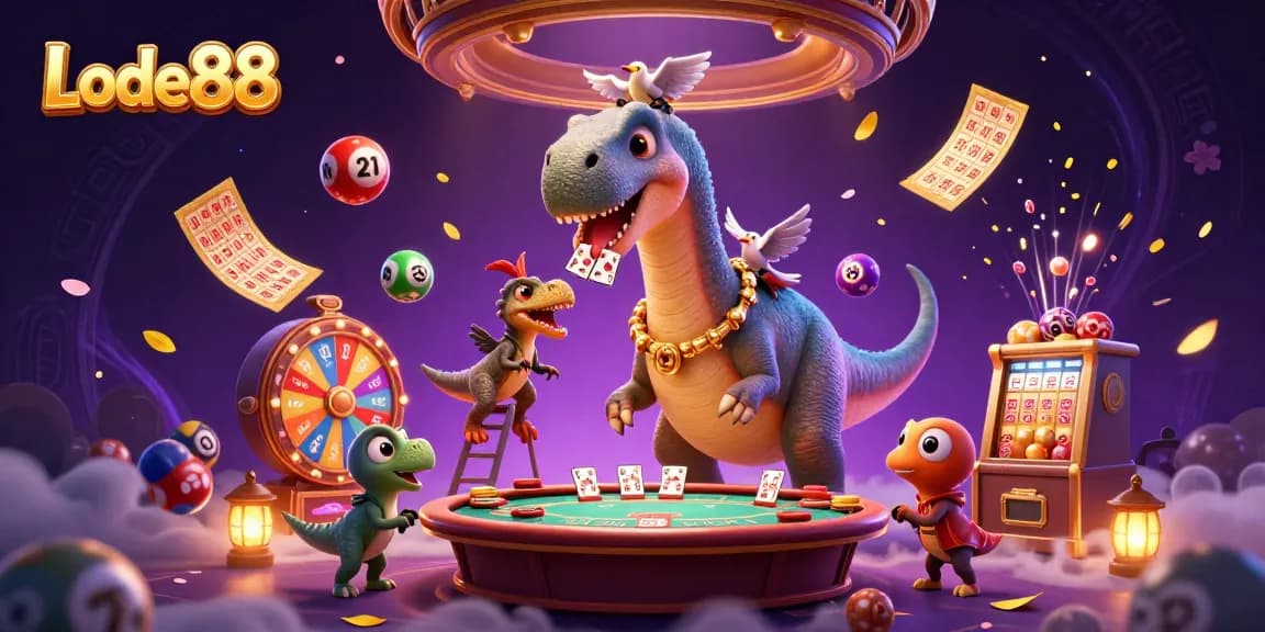 Lode88 showcases an exciting 3D casino scene featuring vibrant lottery balls and dynamic game elements.