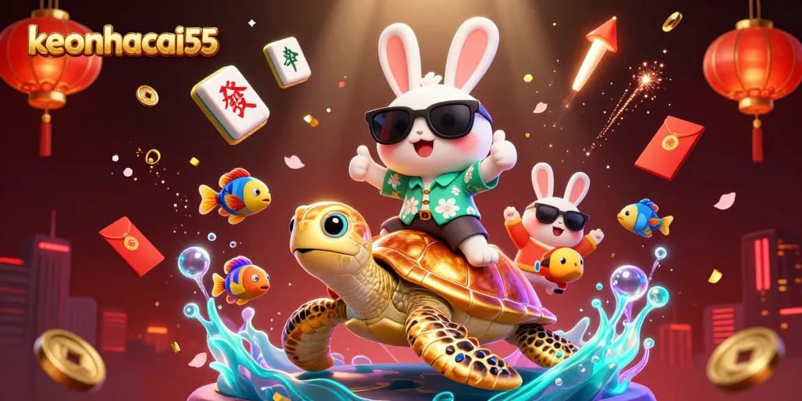 Experience exciting gaming at keonhacai55 with a vibrant 3D scene of a cartoon rabbit and a golden turtle.