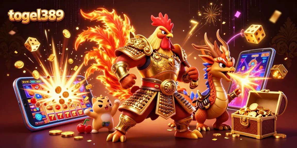 Spin the reels at togel389 with a cartoon rooster and dragon winning jackpot coins!