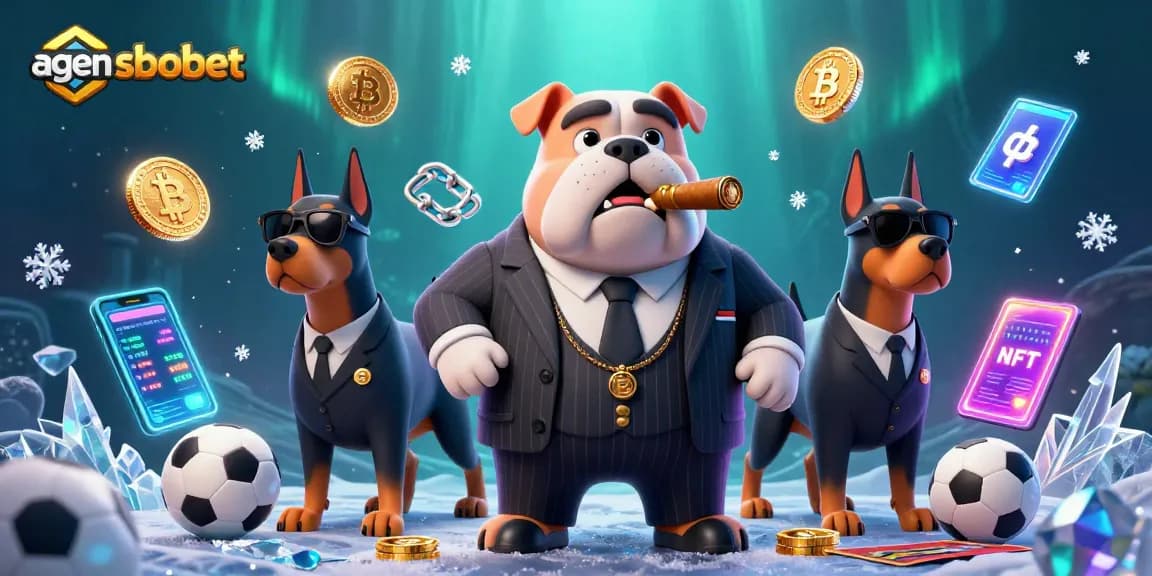 Bet with agen sbobet featuring a mafia bulldog and Doberman guards in an energetic sports betting scene.