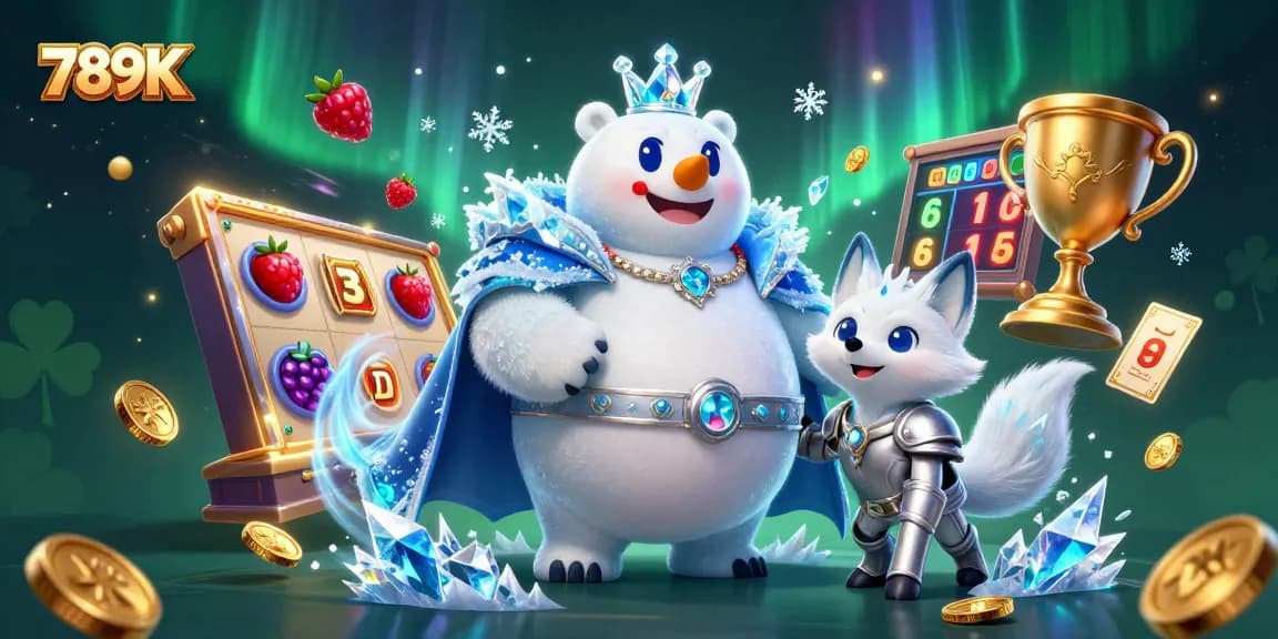 Experience exciting gameplay with 789K as the ice king polar bear and snow fox shine in a vibrant casino-themed illustration.