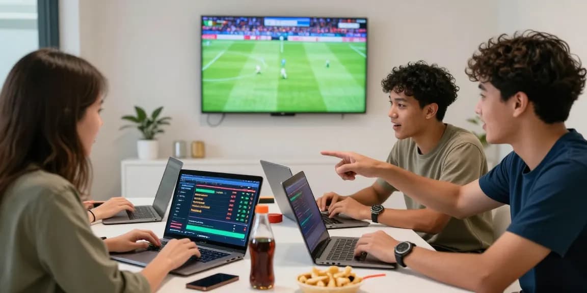 Friends analyzing keo nha cai odds together during a live football match, creating an engaging sports betting atmosphere.
