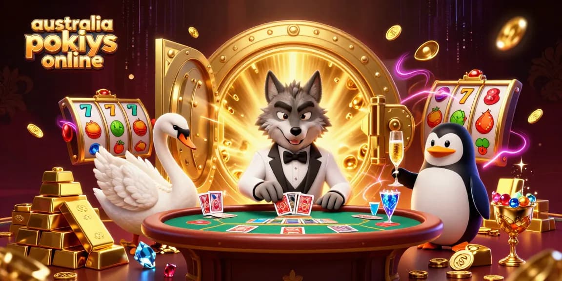 A stunning 3D illustration of a wolf, swan, and penguin celebrating australia pokies online with luxurious gold elements.