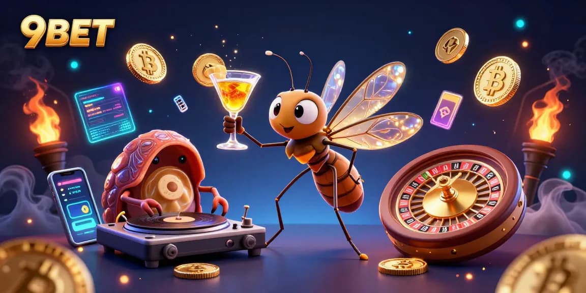 Experience exciting gaming with 9BET's energetic casino scene showcasing vibrant characters and crypto elements.