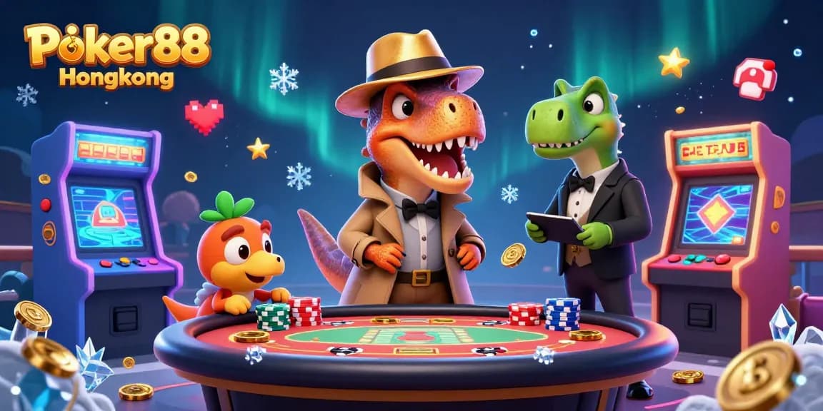 Engage with Poker88 Hongkong's thrilling blackjack scene featuring a card counter dinosaur and vibrant gaming elements.