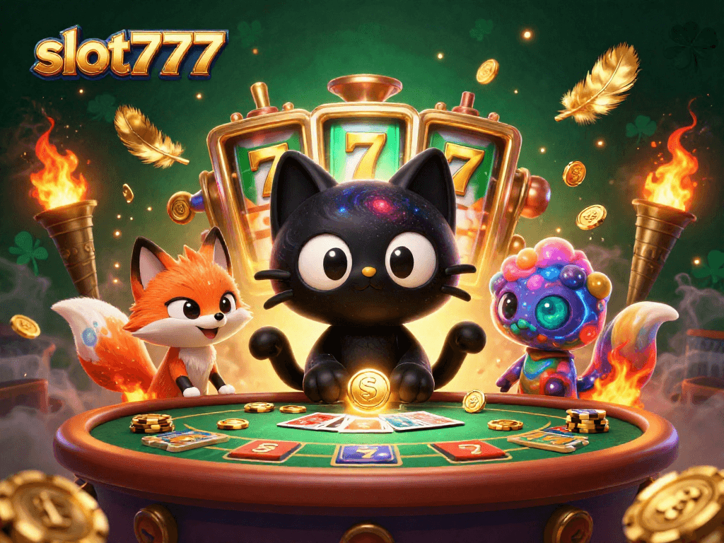 Pemain mega menang slot777 dengan kucing hitam galaksi dan fox nebula yang menarik koin emas.