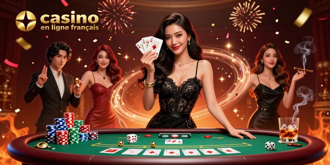 Jouez à des jeux passionnants au casino en ligne francais avec une femme asiatique élégante présentant des cartes de poker au milieu d'une scène dynamique de casino.