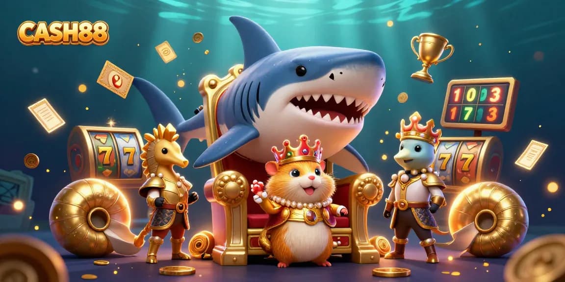 CASH88 presents a vibrant 3D casino scene with a golden hamster king, showcasing lively slot elements and dynamic action.