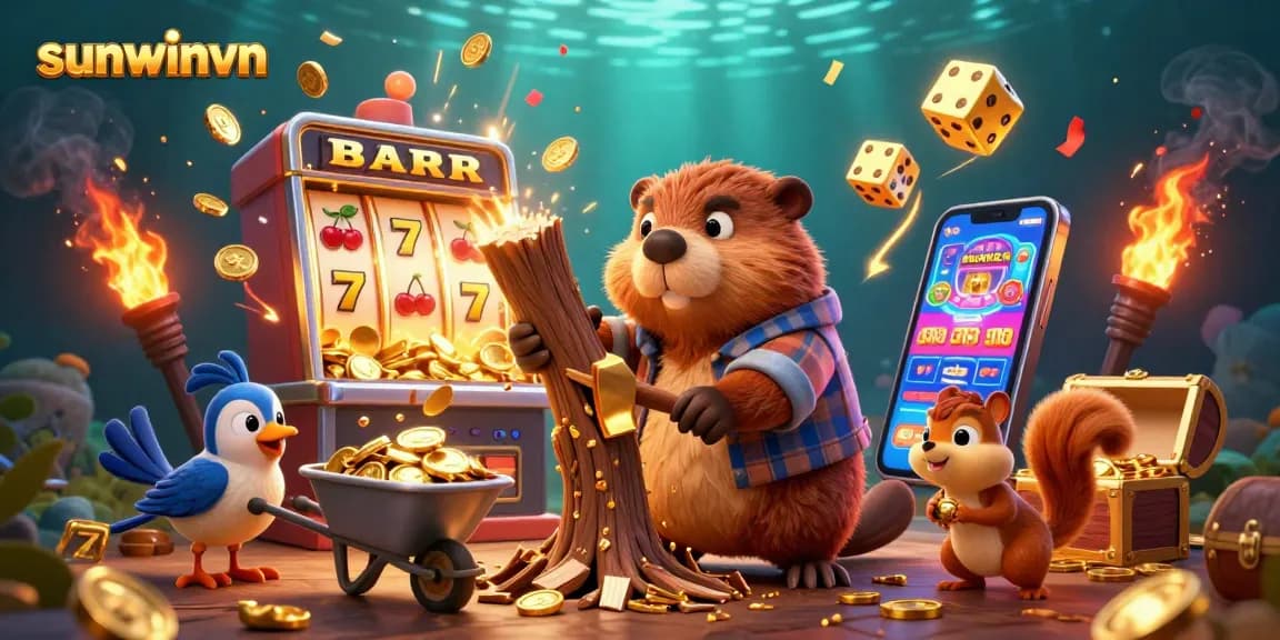 Experience thrilling wins at sunwinvn with a vibrant 3D illustration featuring a beaver and casino elements.