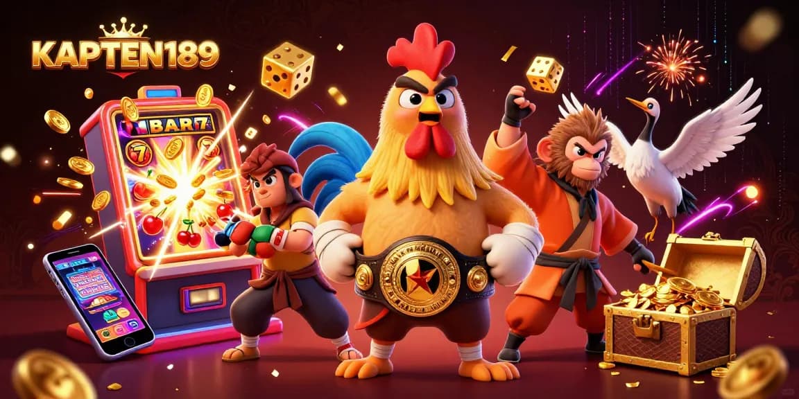 KAPTEN189 mengundang Anda merasakan sensasi mesin slot dengan ilustrasi 3D karakter ayam Muay Thai dan monyet martial.