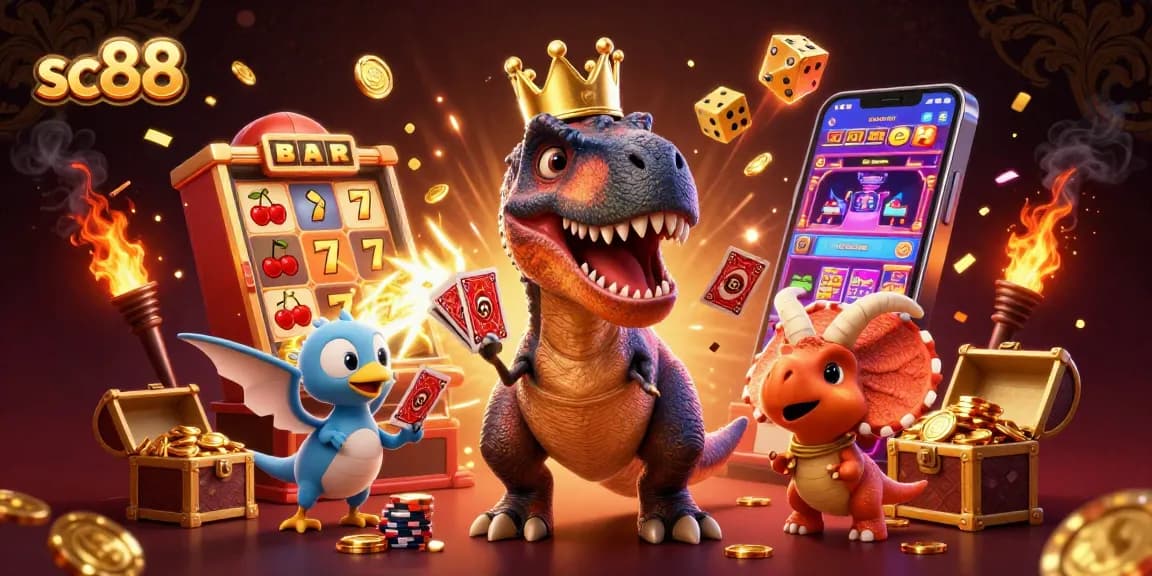 Play fun games with sc88 featuring a T-Rex shuffling cards, a pterodactyl assisting, and a triceratops stacking chips.