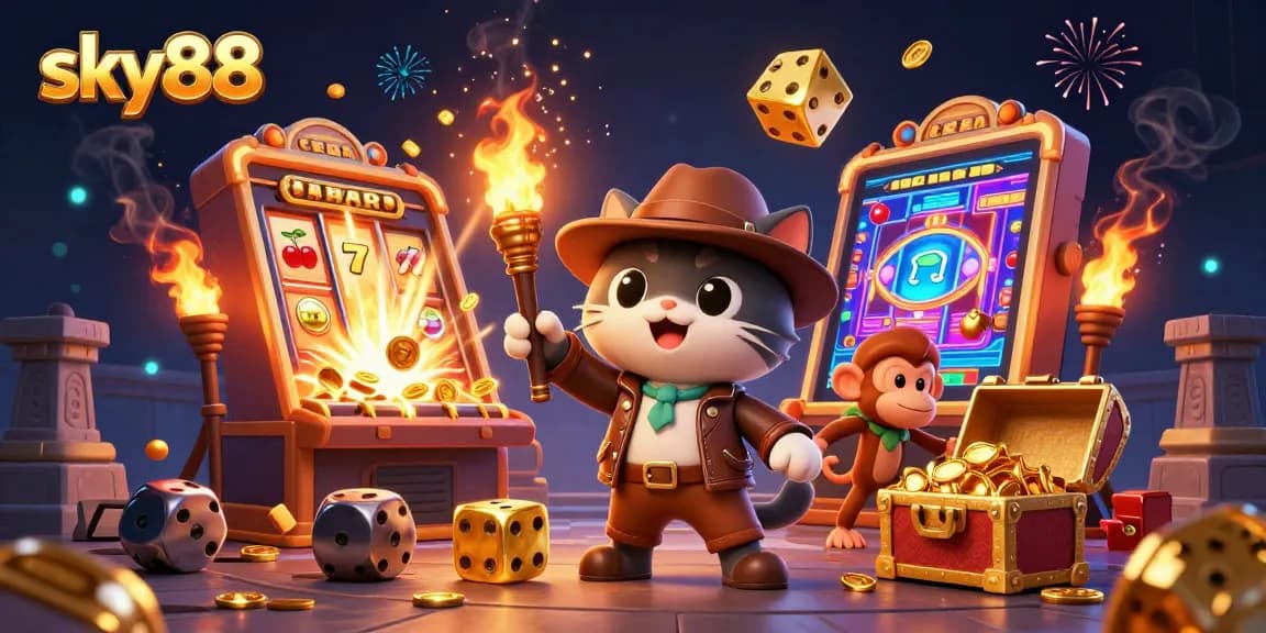 Experience the excitement of sky88 with a lively cat and monkey discovering casino treasures.