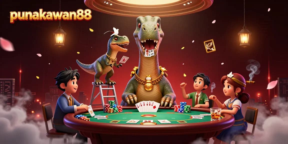 Engage with punakawan88's vibrant 3D gaming adventure featuring cartoon dinosaurs and poker action.