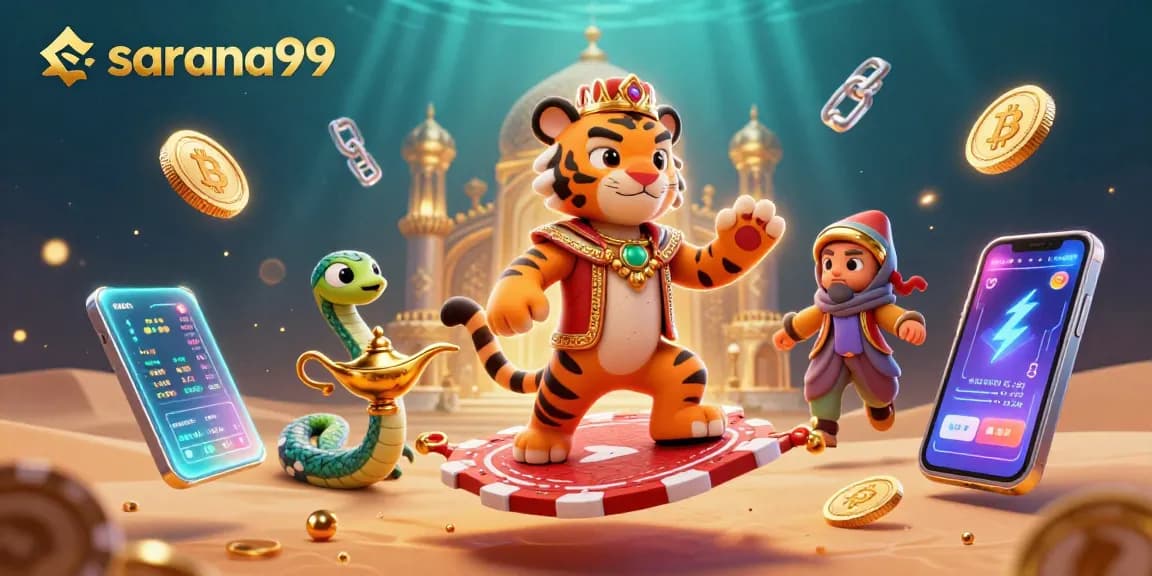 Join the excitement at sarana99 with our vibrant casino-themed 3D illustration featuring iconic gaming elements.